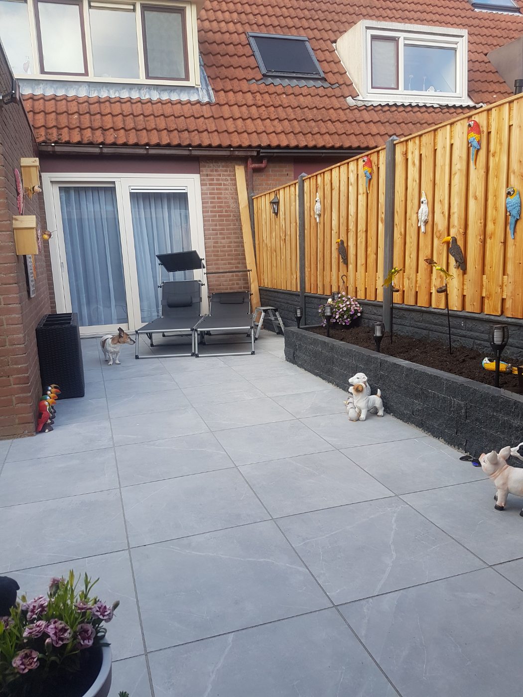 Afgewerkte achtertuin met terras en border, aangelegd door Van der Haagen Hoveniers